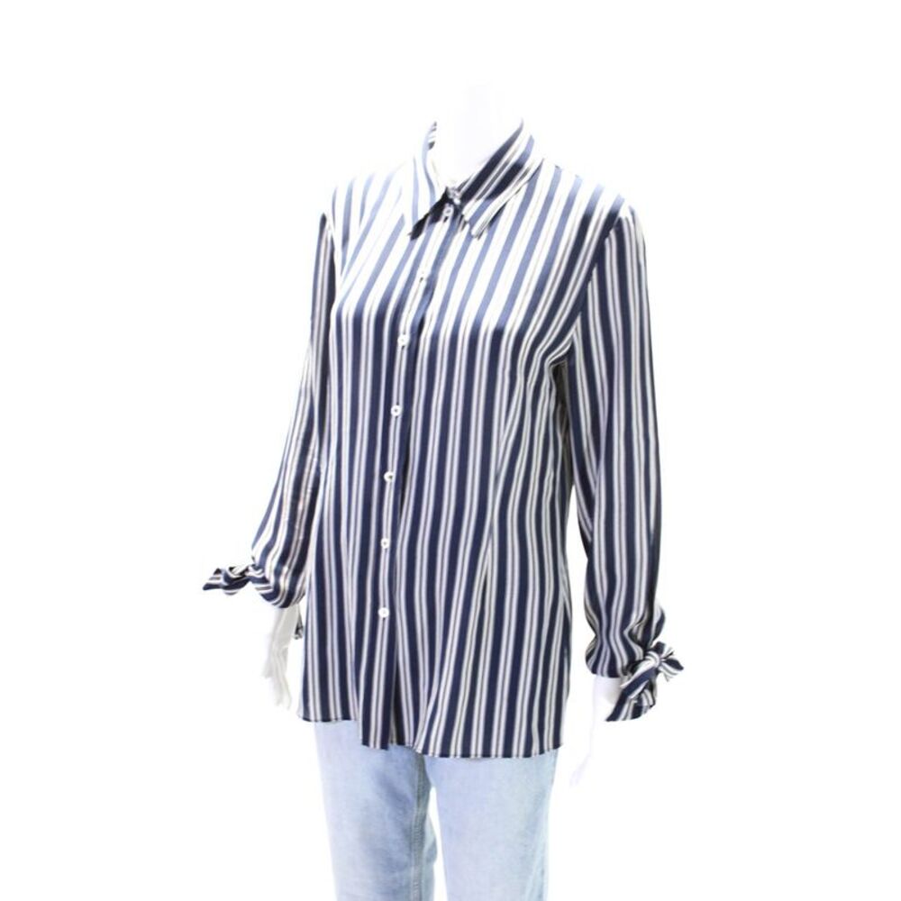 Michael Kors Womens Striped Collar Long Sleeve Button Up Blouse Top Navy Size 10_2